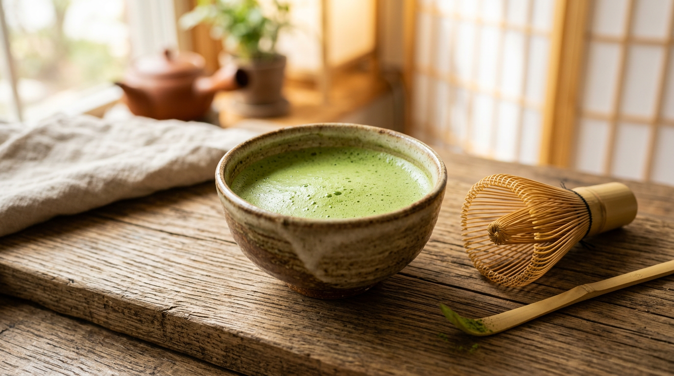 Cup of matcha on a wooden surface — what is matcha powder